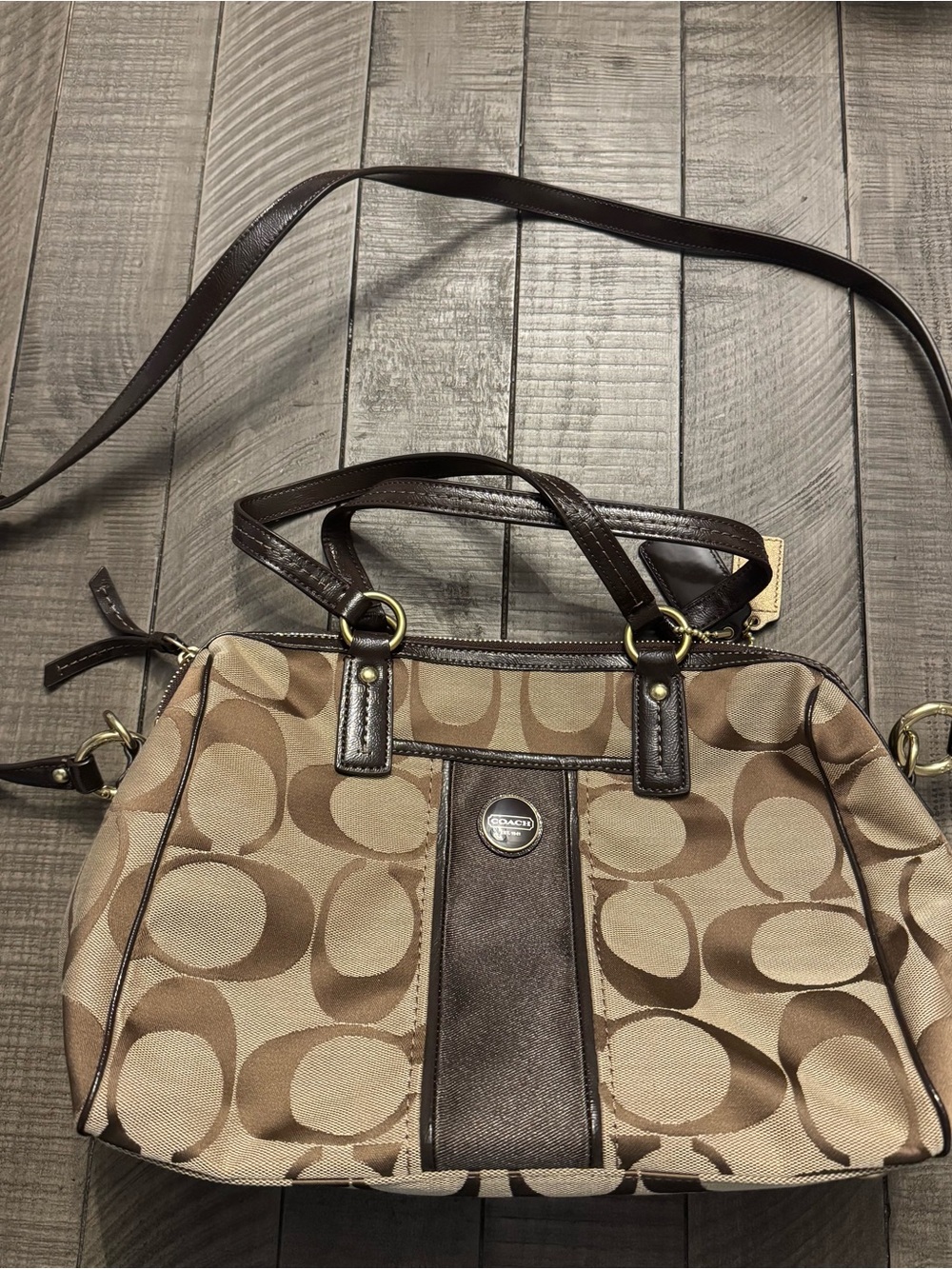 Coach Signature Canvas Shoulder Bag in Tan and Brown
